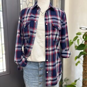 H&M Divided Navy Red White Plaid Snap Front Western Style Slim Fit Flannel Shirt